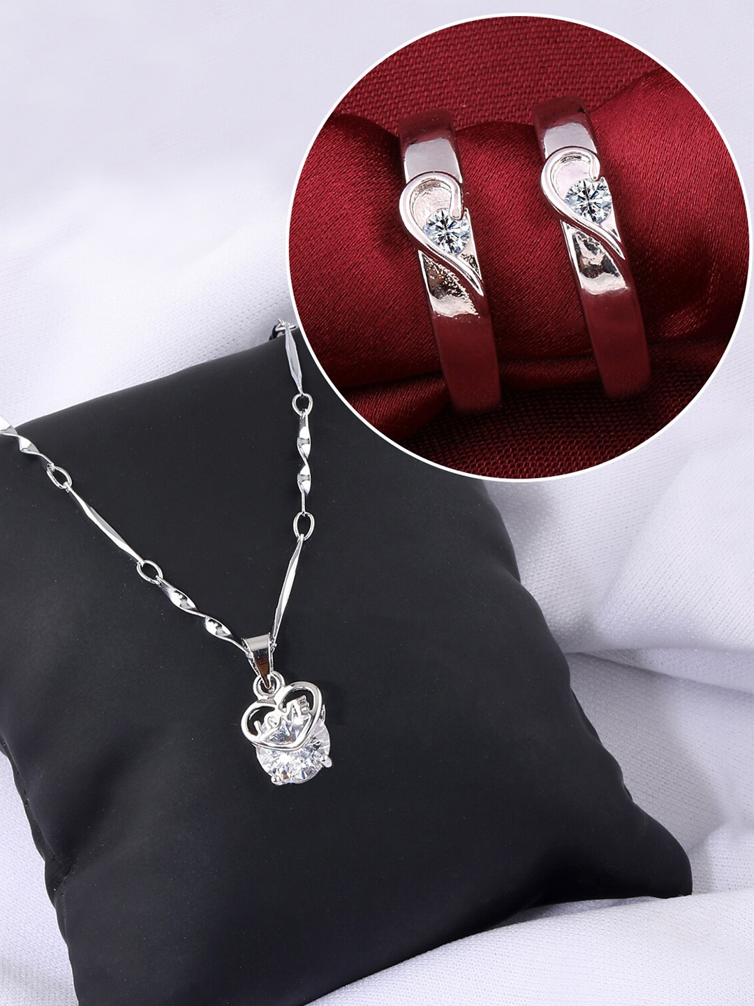 

Silver Shine Silver-Plated AD Studded Necklace With Adjustable Couple Rings