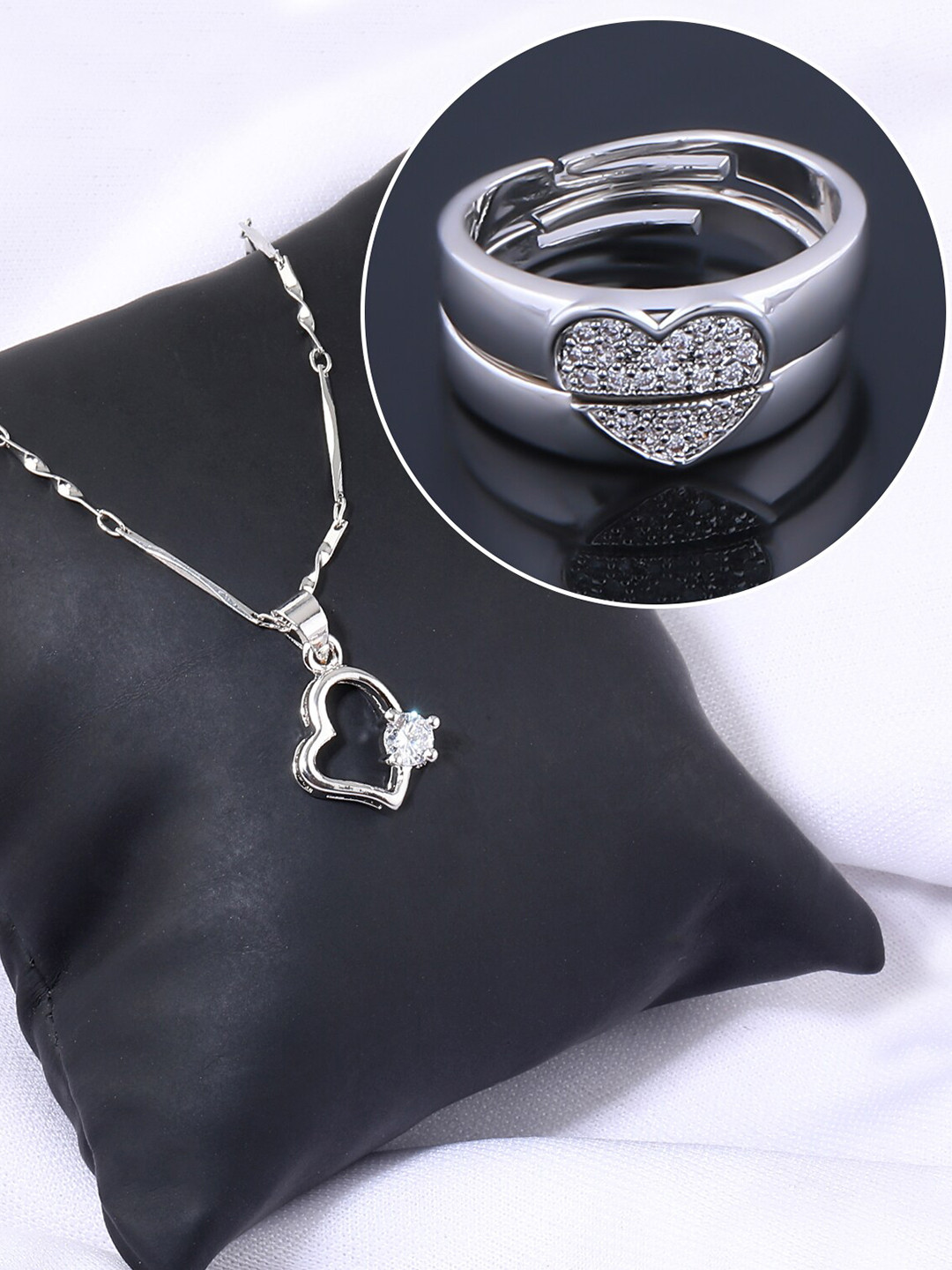 

Silver Shine Silver-Plated AD Studded Necklace With Adjustable Couple Rings