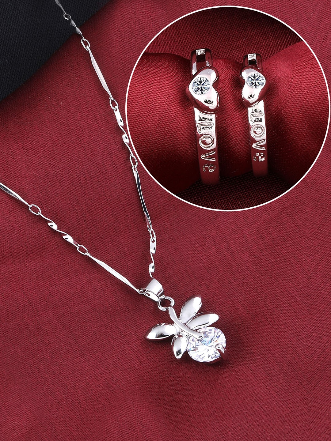 

Silver Shine Silver Plated AD Studded Necklace With Couple Rings