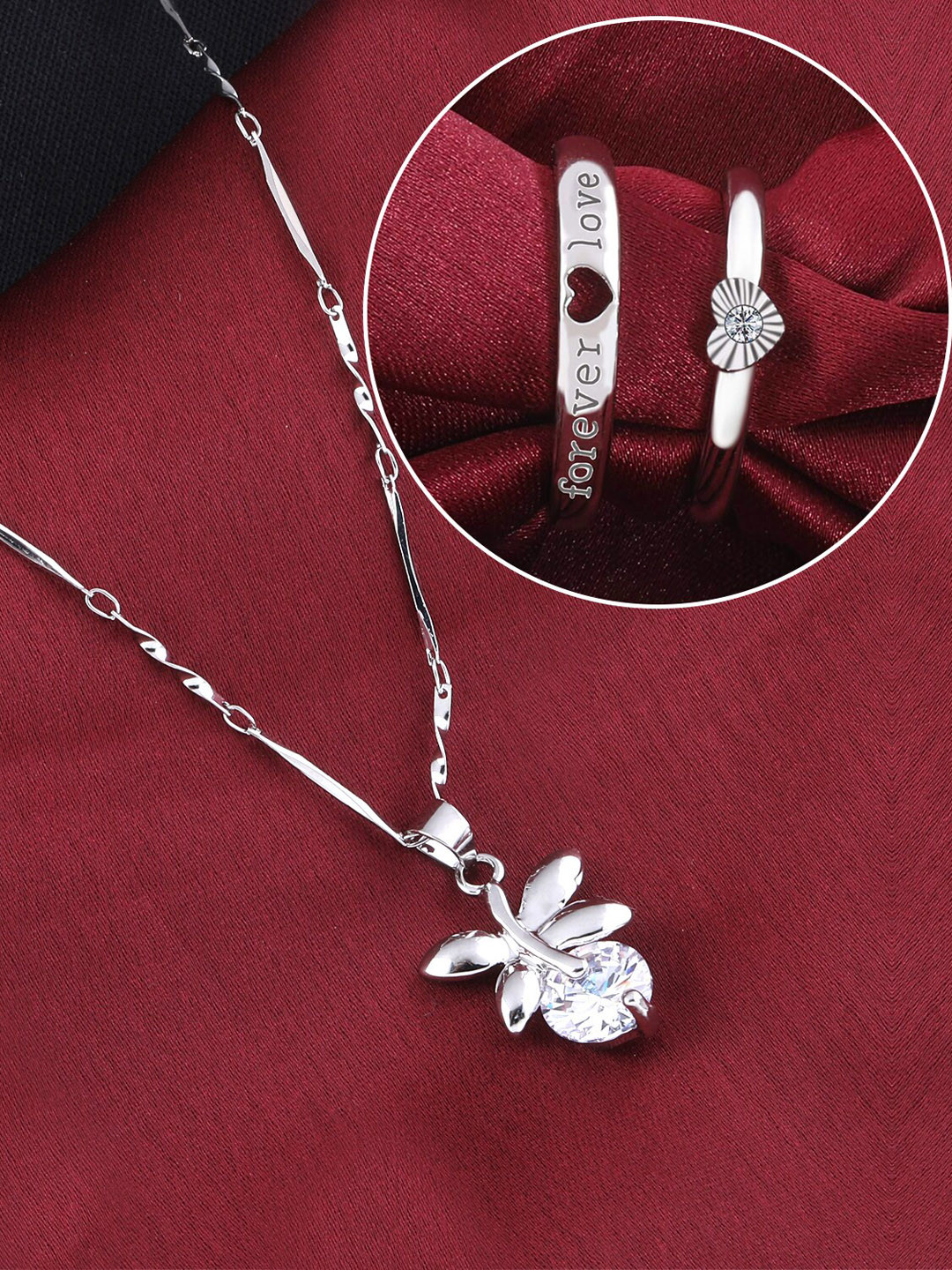 

Silver Shine Silver-Plated AD Studded Necklace With Adjustable Couple Rings