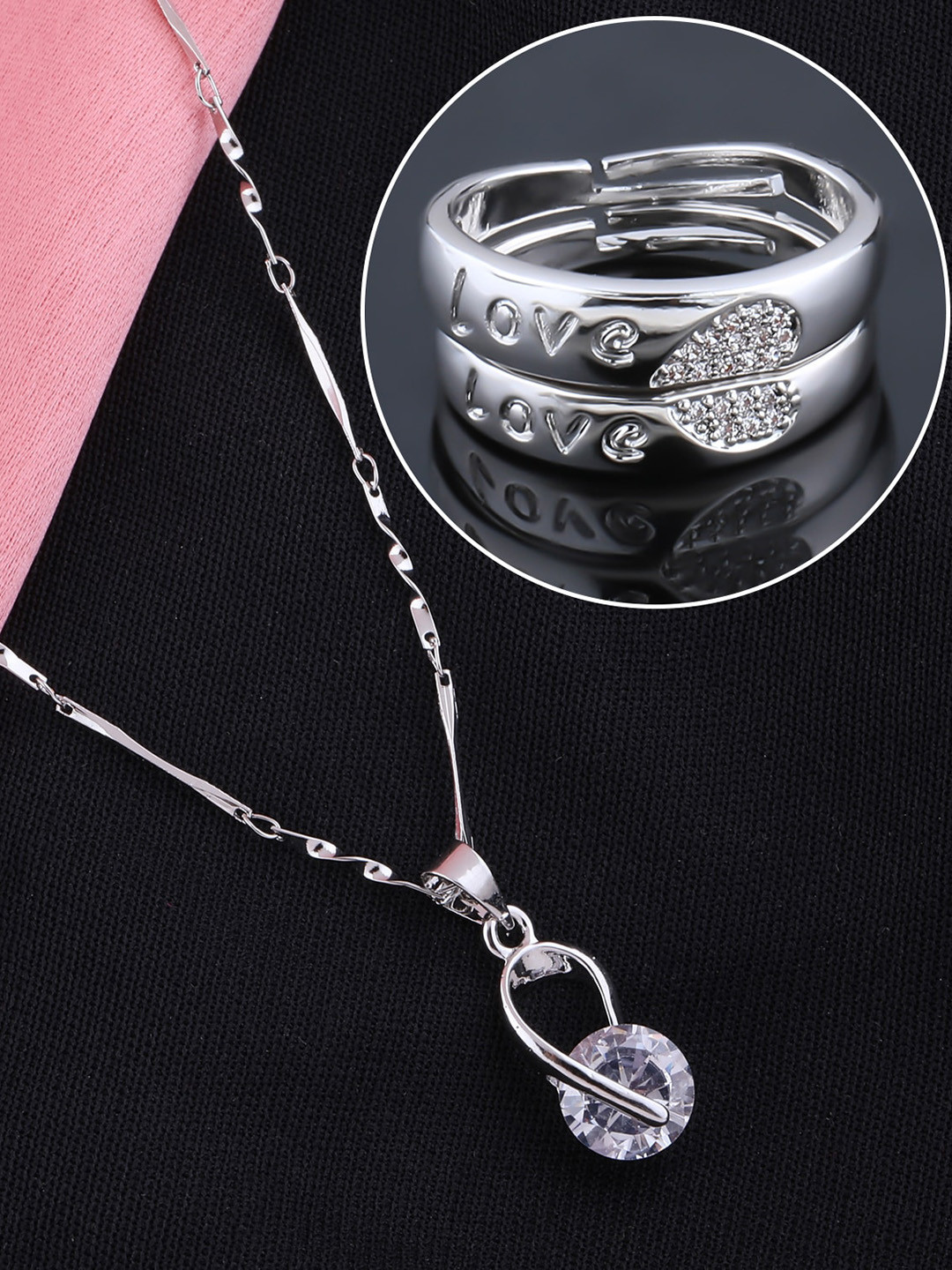 

Silver Shine Silver-Plated AD-Studded Couple Rings And Pendant Chain Jewellery Set
