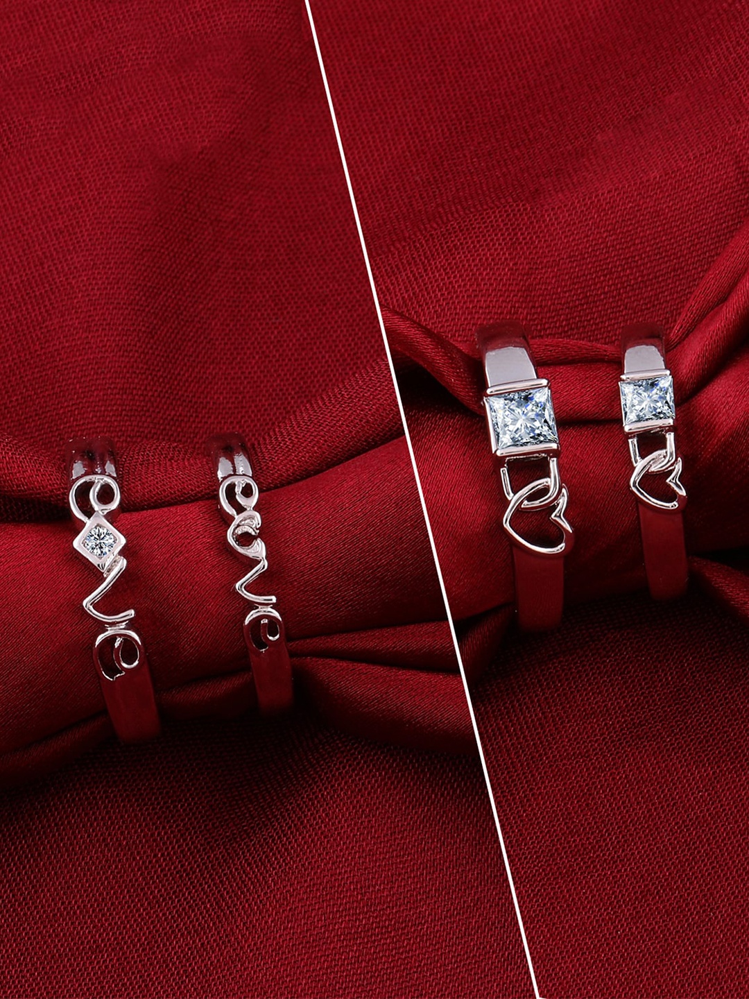 

Silver Shine Set Of 4 Silver-Plated American Diamond Studded Couple Adjustable Rings