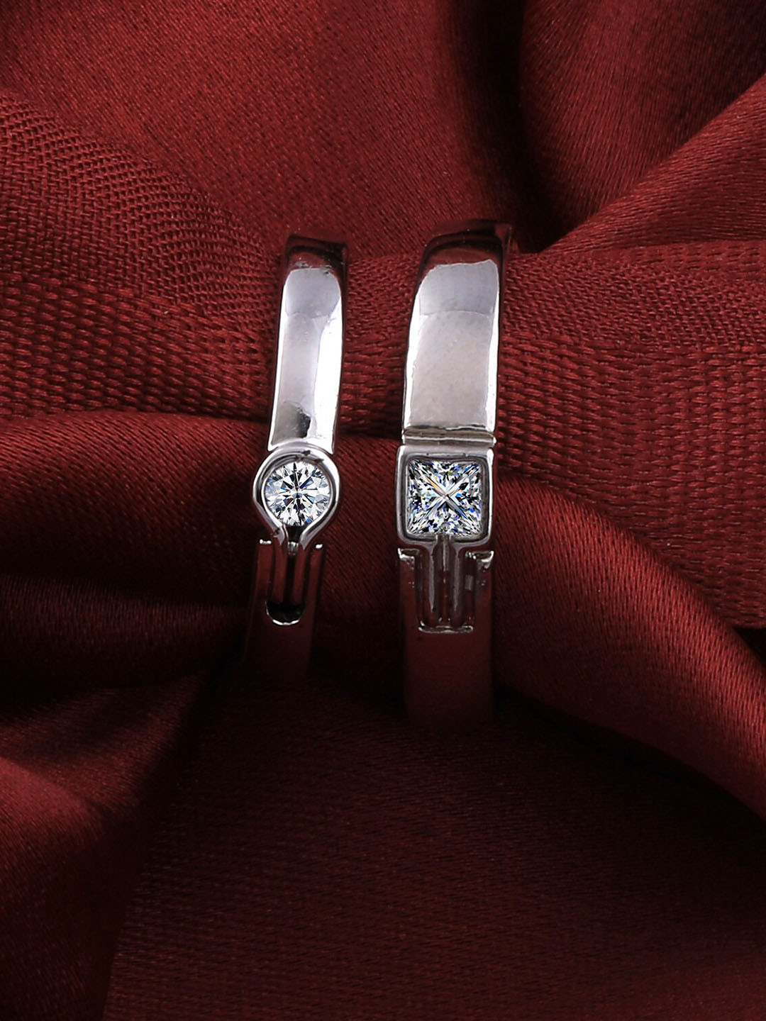 

Silver Shine Set Of 2 Silver-Plated American Diamond studded Couple Adjustable Rings