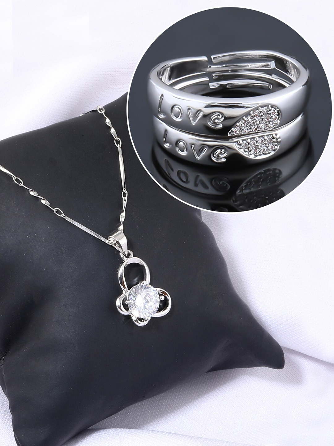 

Silver Shine Silver Plated AD Studded Necklace With Couple Rings