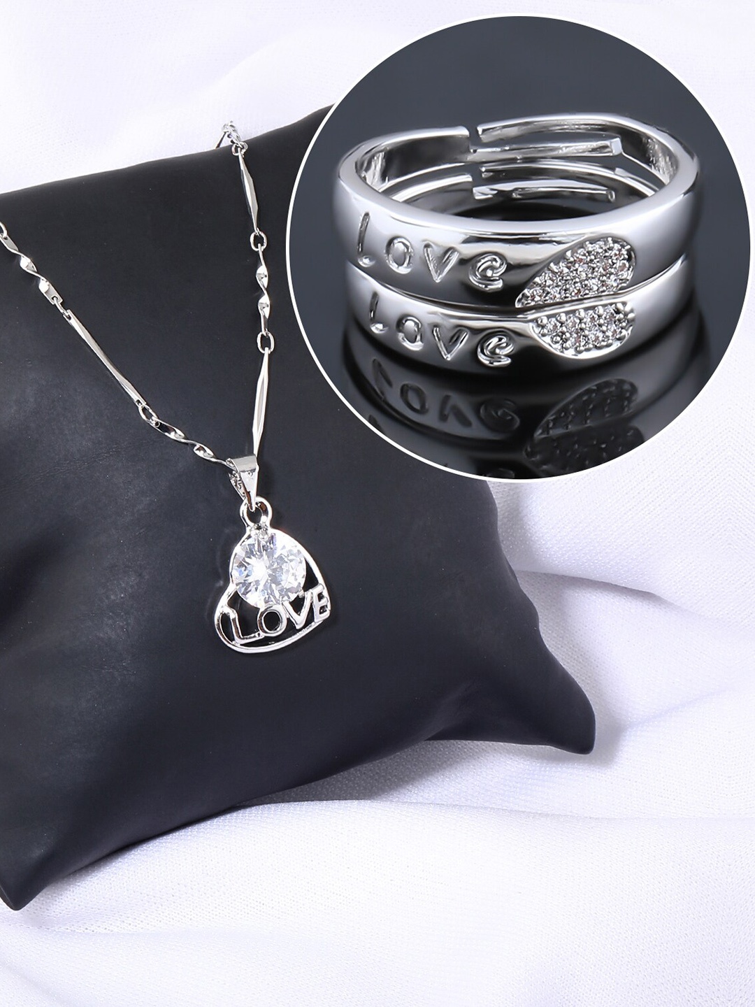 

Silver Shine Silver-Plated AD Studded Necklace With Adjustable Couple Rings