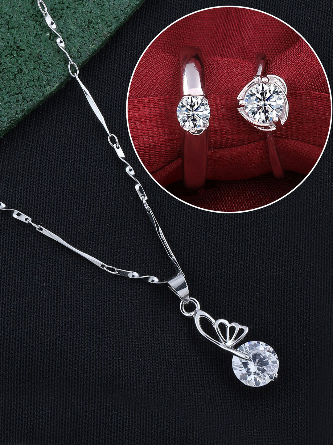 

Silver Shine Silver Plated AD Studded Necklace With Couple Rings