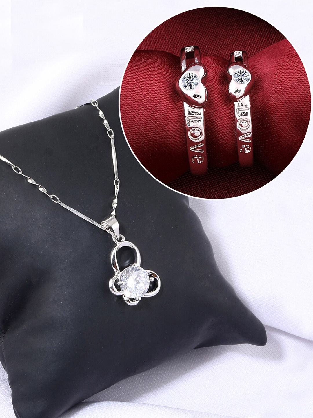 

Silver Shine Silver-Plated AD Studded Necklace With Adjustable Couple Rings