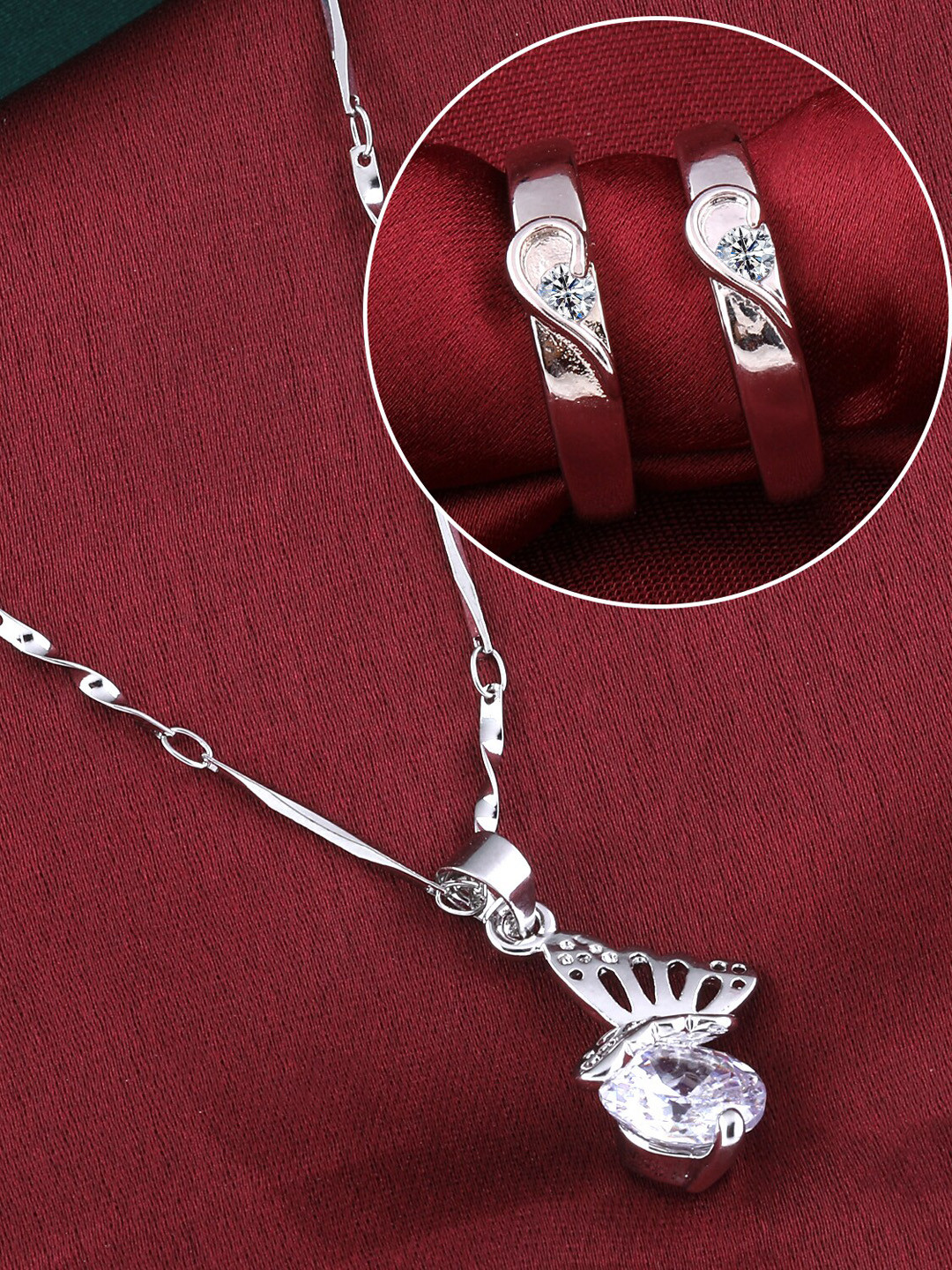 

Silver Shine Silver-Plated AD Studded Necklace With Adjustable Couple Rings