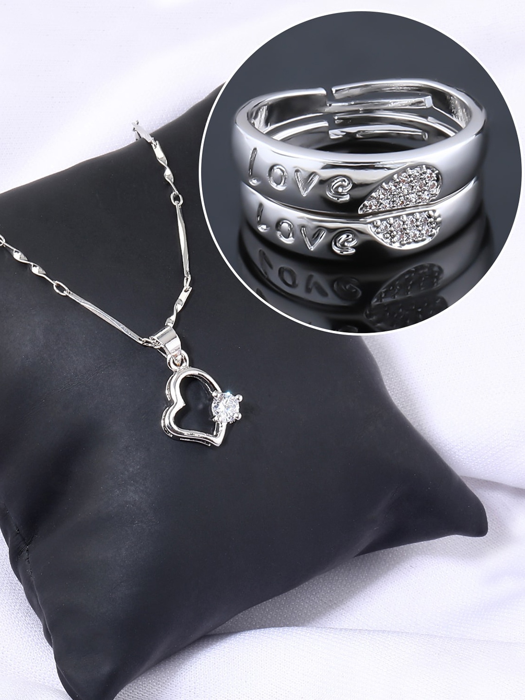 

Silver Shine Silver-Plated AD Studded Necklace With Adjustable Couple Rings