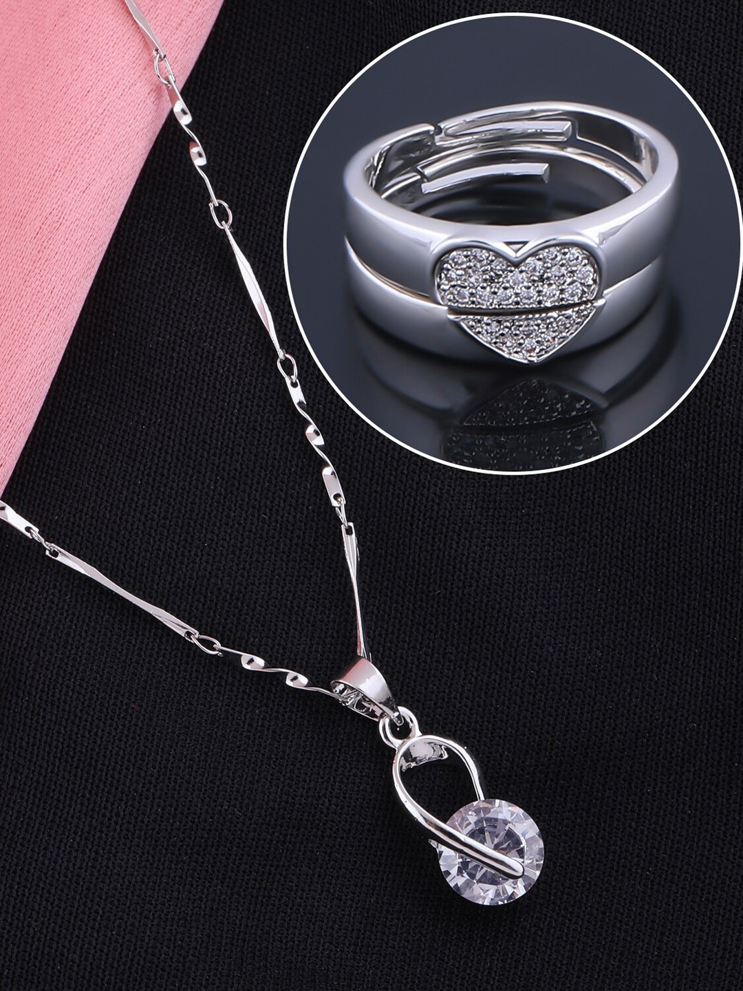 

Silver Shine Set Of 2 Adjustable Couple Rings With Pendant Chain