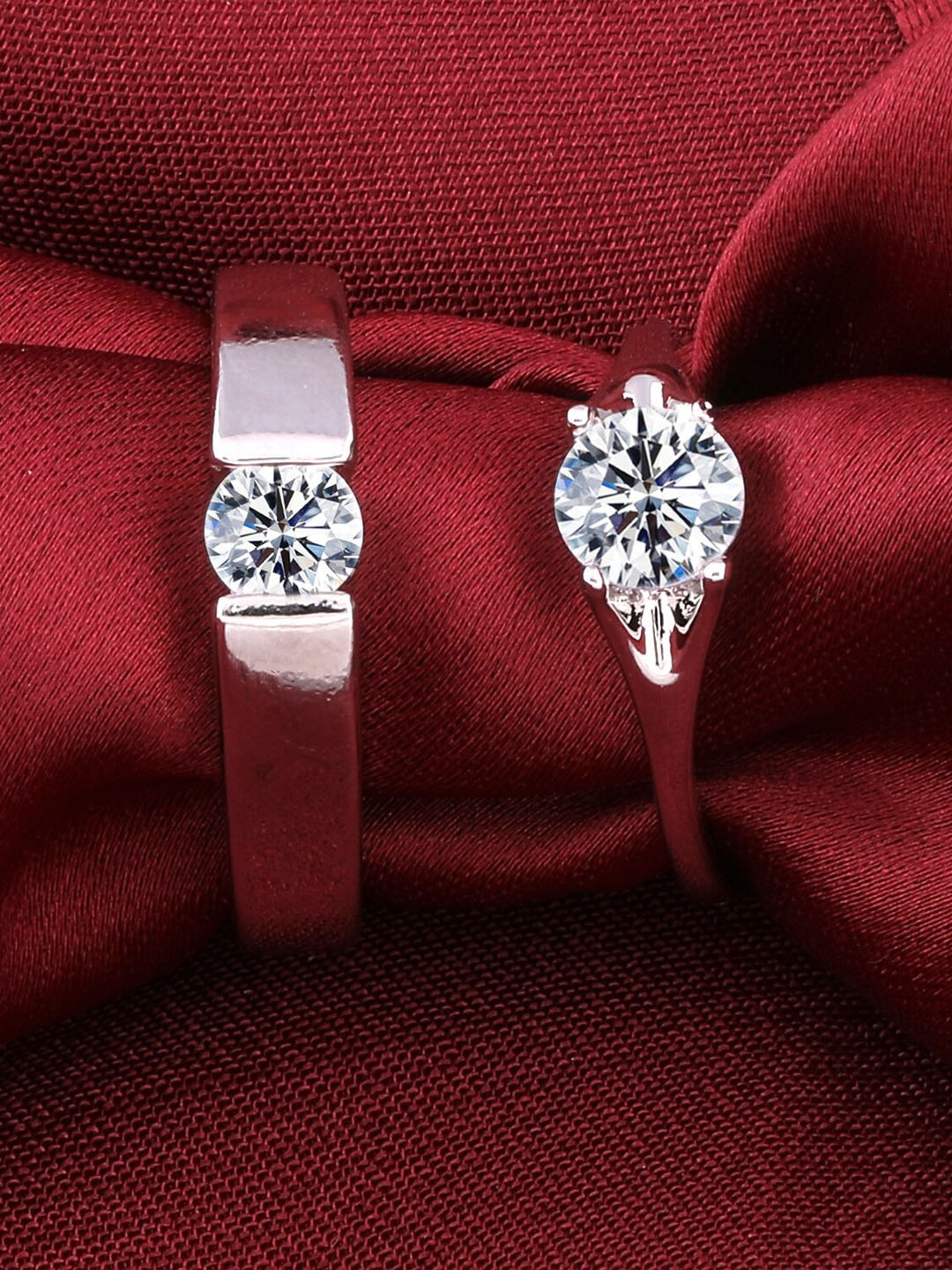 

Silver Shine Set Of 2 Silver-Plated American Diamond studded Couple Adjustable Rings