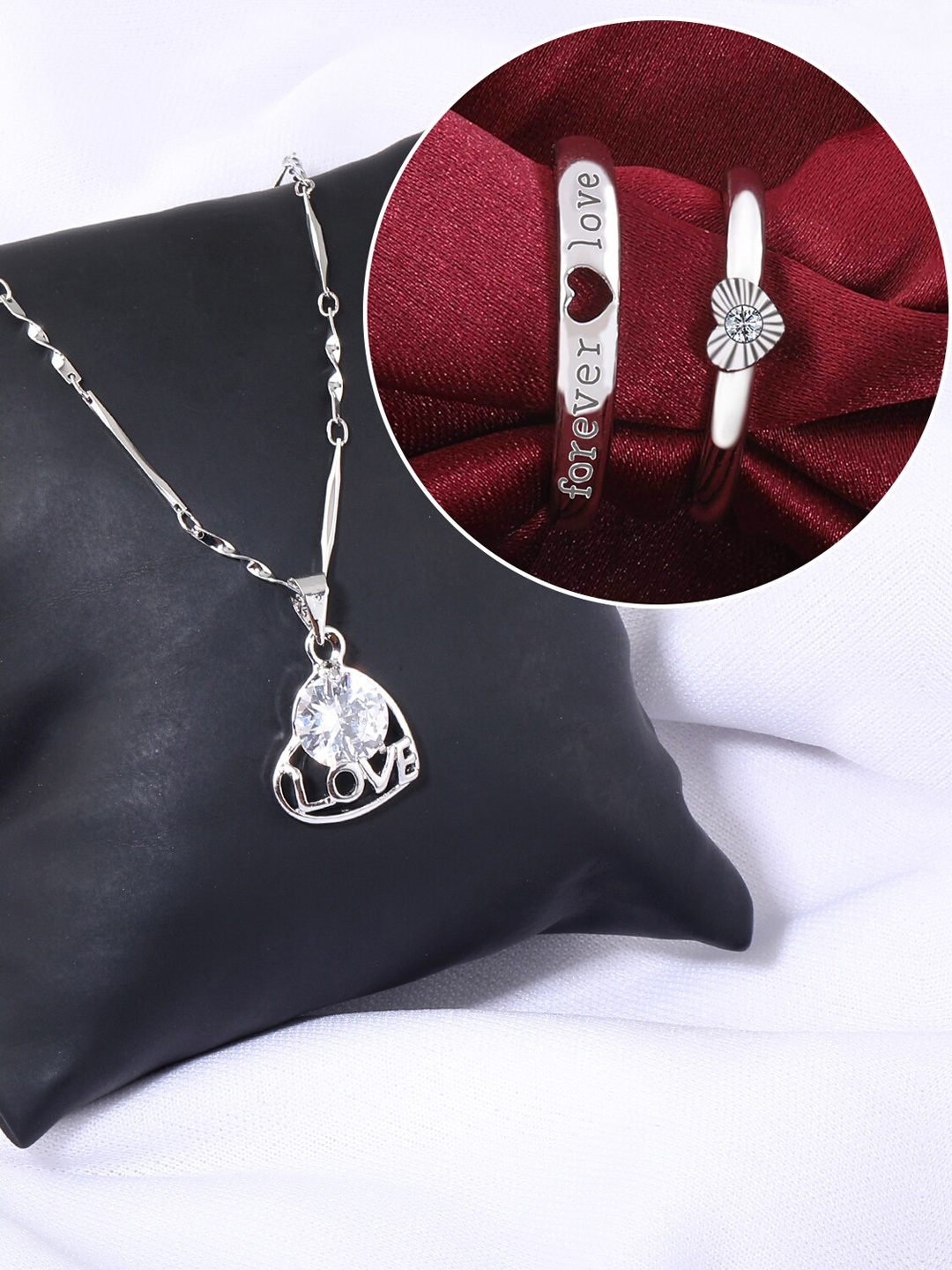 

Silver Shine Silver Plated AD Studded Necklace With Couple Rings
