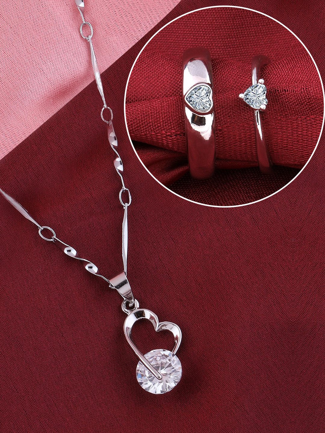 

Silver Shine Silver Plated AD Studded Necklace With Couple Rings