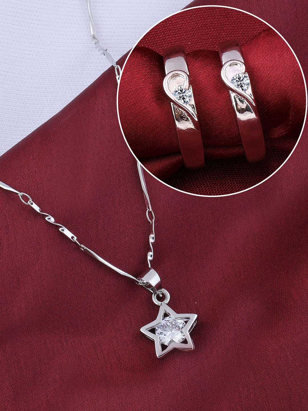 

Silver Shine Silver-Plated AD Studded Necklace With Adjustable Couple Rings