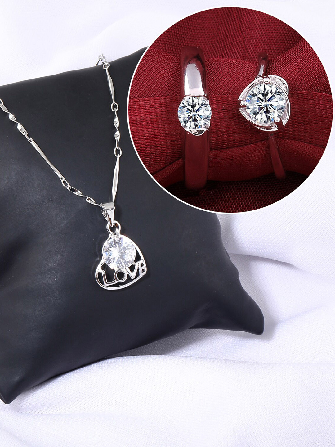 

Silver Shine Silver-Plated AD Studded Necklace With Adjustable Couple Rings