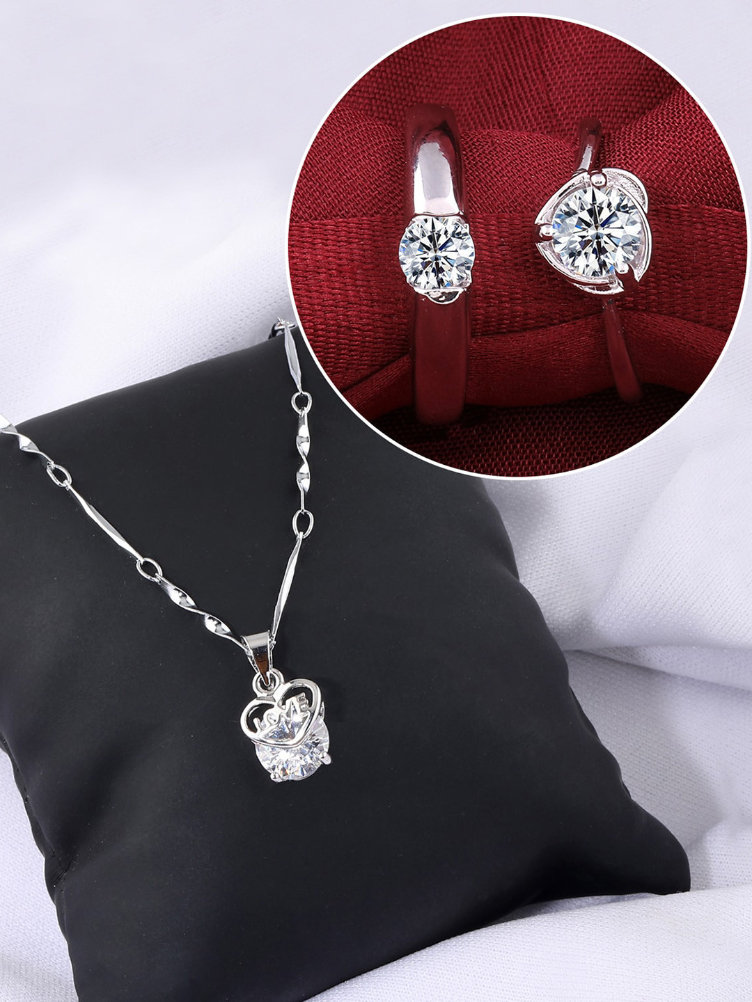 

Silver Shine Silver-Plated AD Studded Necklace With Adjustable Couple Rings