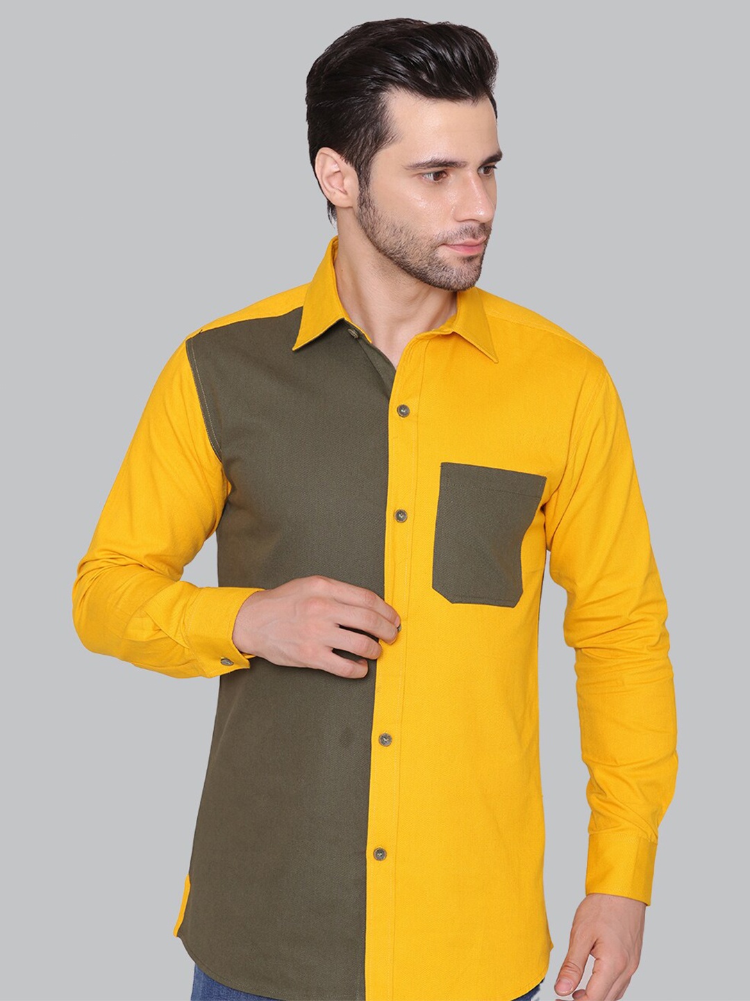 

CUFFS N LASHES Men Colourblocked Cotton Slim Fit Opaque Casual Shirt, Yellow
