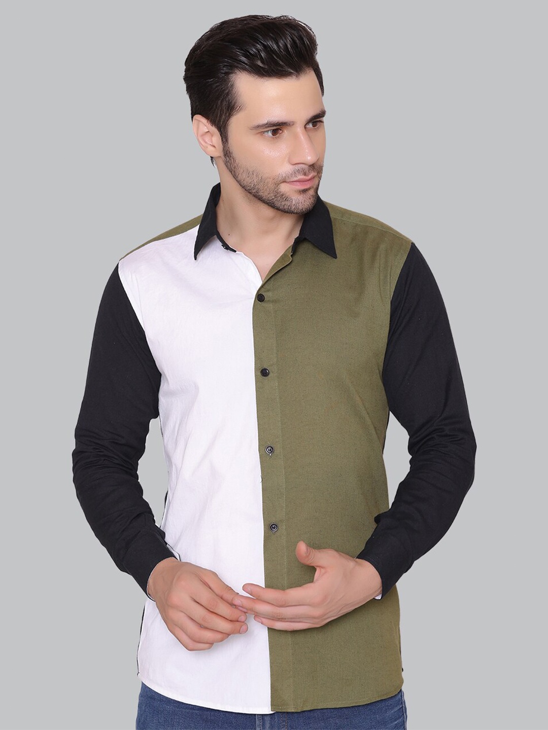 

CUFFS N LASHES Spread Collar Colourblocked Slim Fit Cotton Casual Shirt, Olive