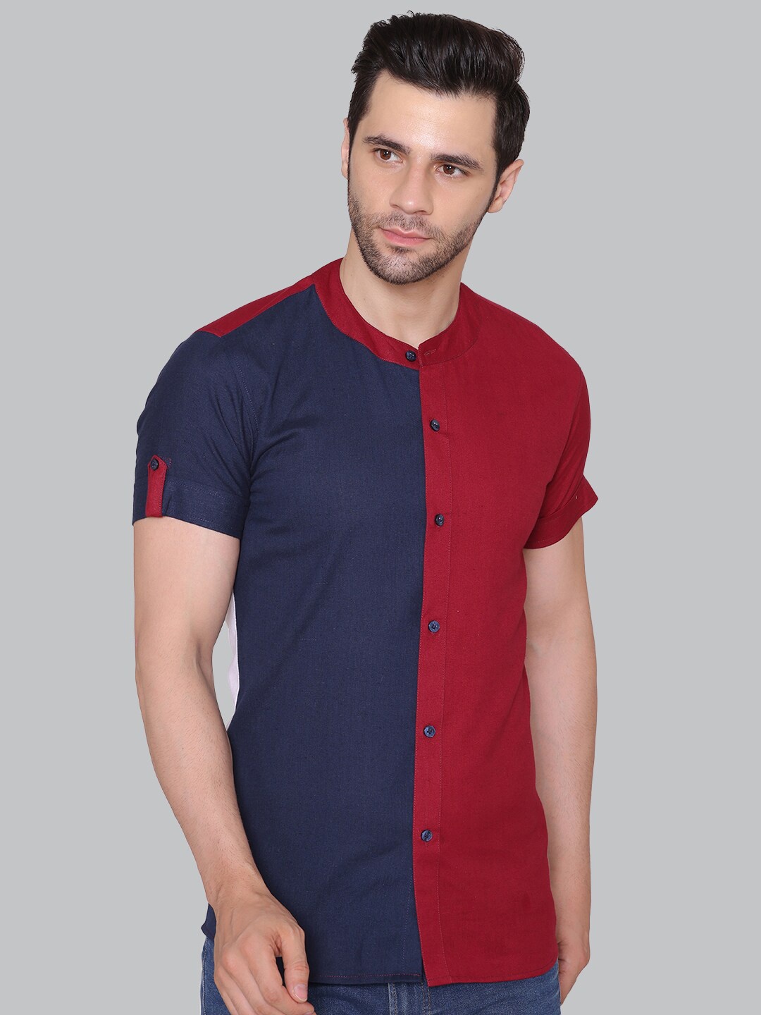 

CUFFS N LASHES Men Colourblocked Cotton Roll-Up Sleeves Slim Fit Opaque Casual Shirt, Maroon