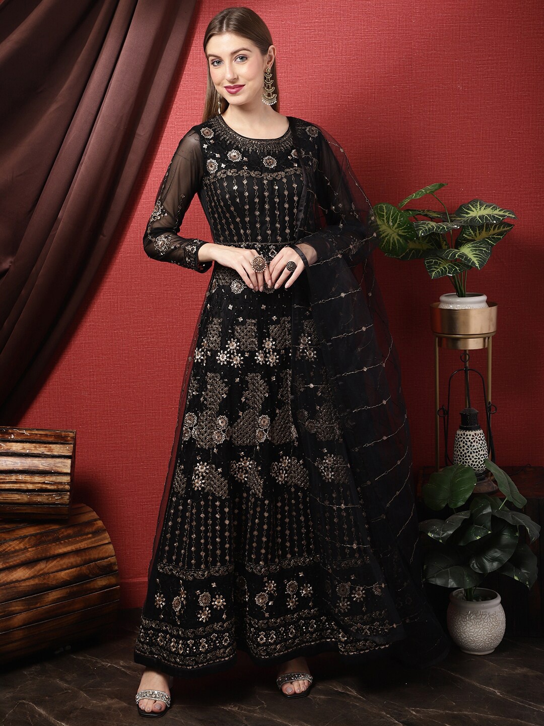 

Stylee LIFESTYLE embellished Semi-Stitched Dress Material, Black