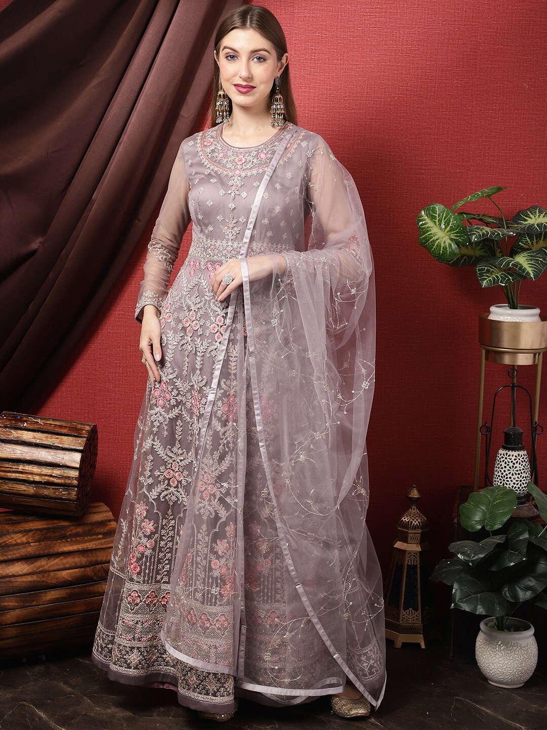 

Stylee LIFESTYLE Embroidered Semi-Stitched Gown with Dupatta, Grey