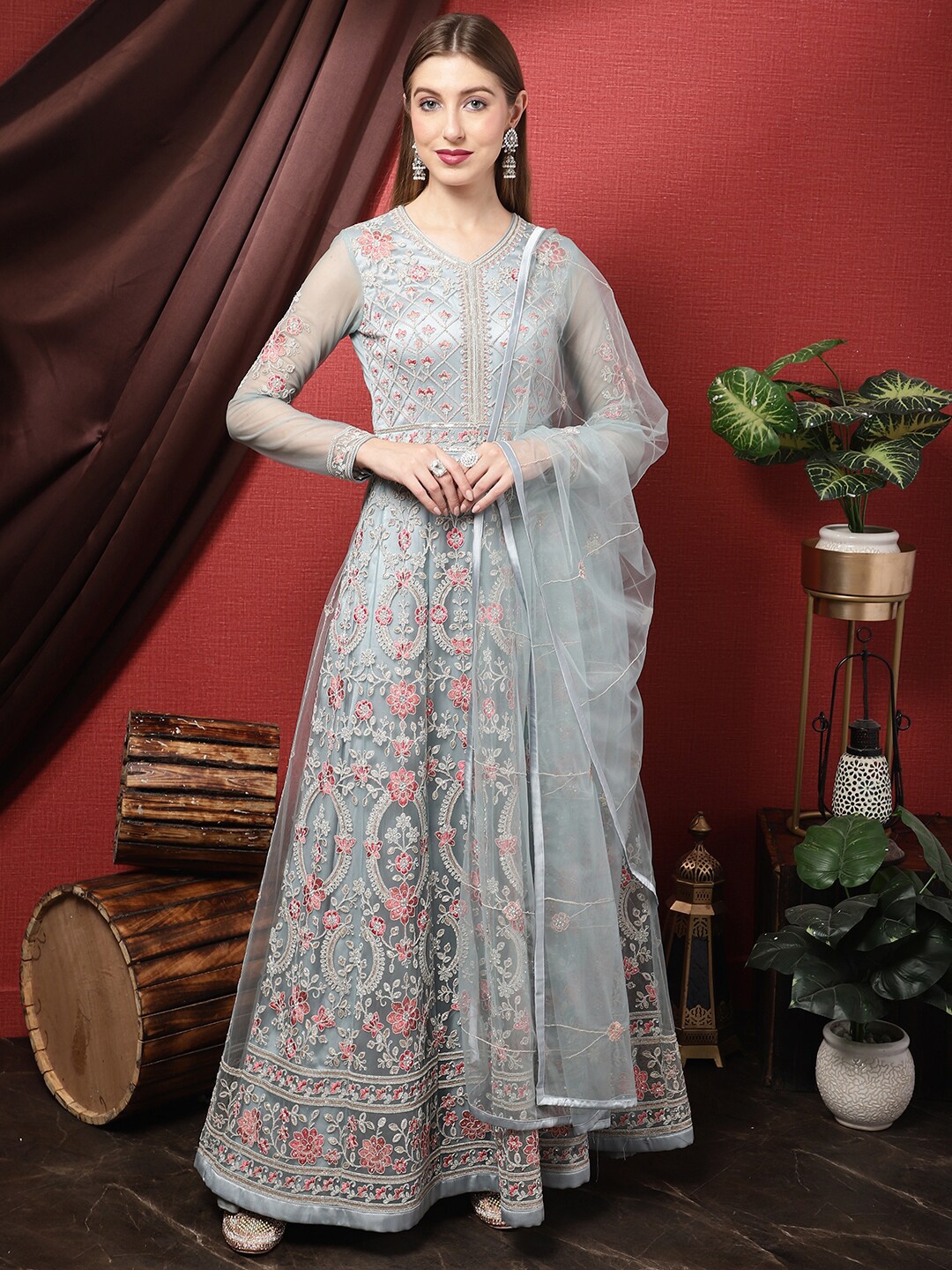 

Stylee LIFESTYLE Embroidered Semi-Stitched Gown with Dupatta, Turquoise blue