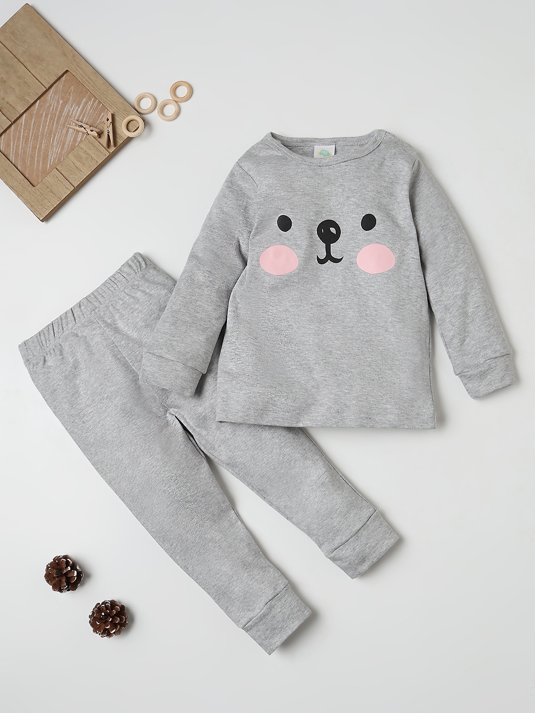 

Fancy Fluff Kids Graphic Printed Pure Cotton Night Suit, Grey
