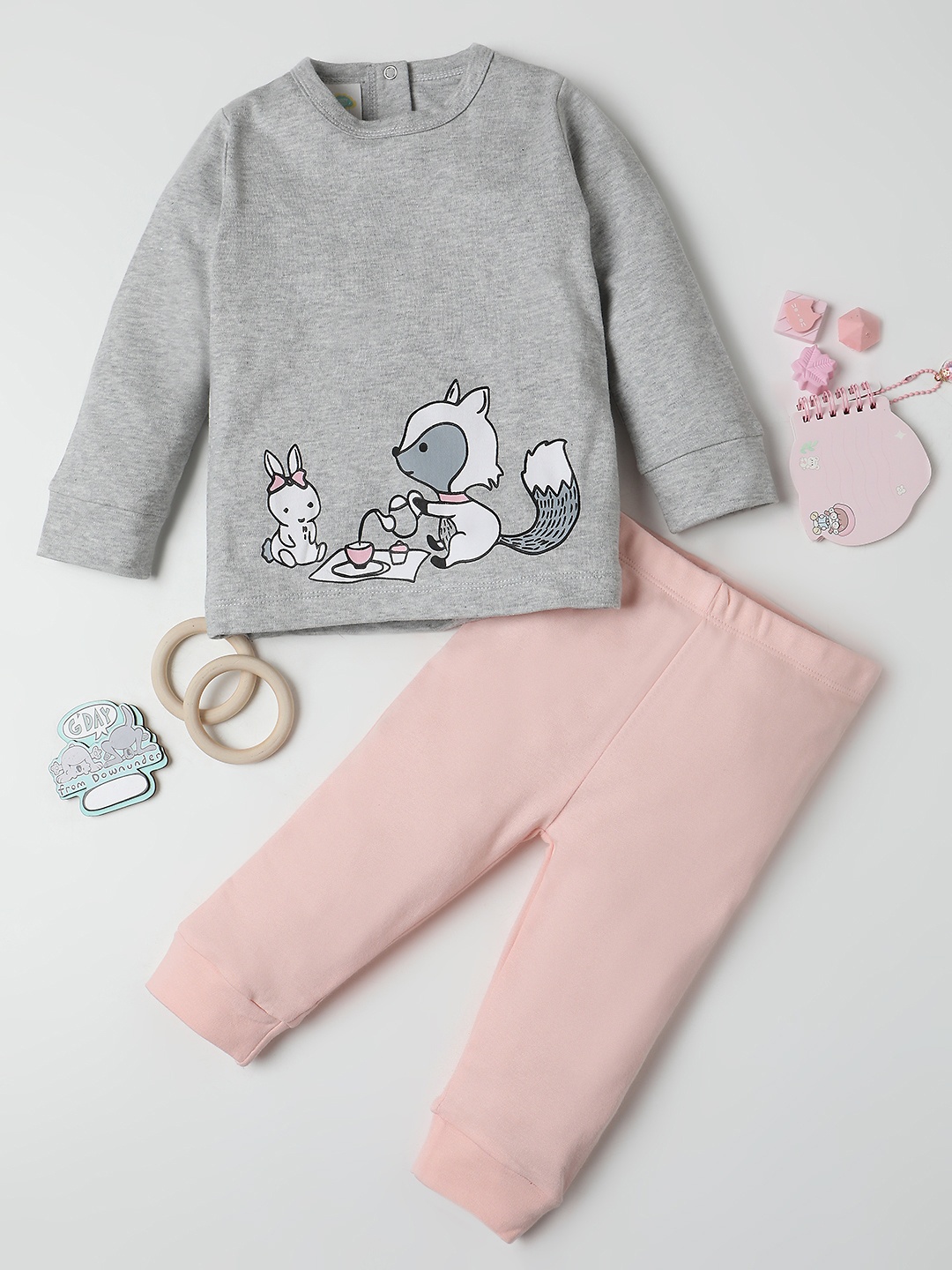

Fancy Fluff Infant Girls Graphic Printed Pure Cotton Night Suit, Grey