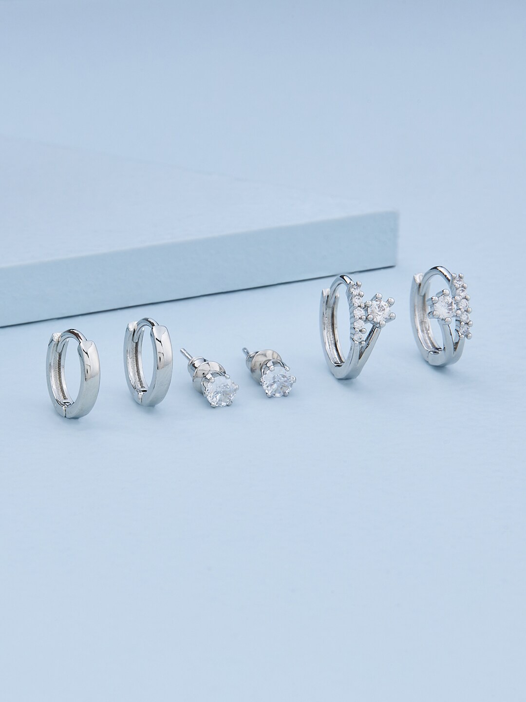 

Kushal's Fashion Jewellery Set Of 3 Rhodium Plated Contemporary Studs, White