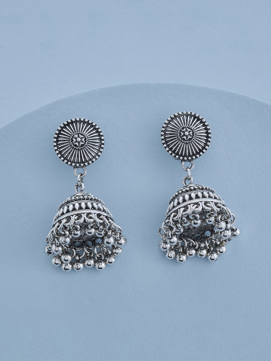 

Kushal's Fashion Jewellery Silver Plated Beaded Oxidised Contemporary Jhumkas Earrings