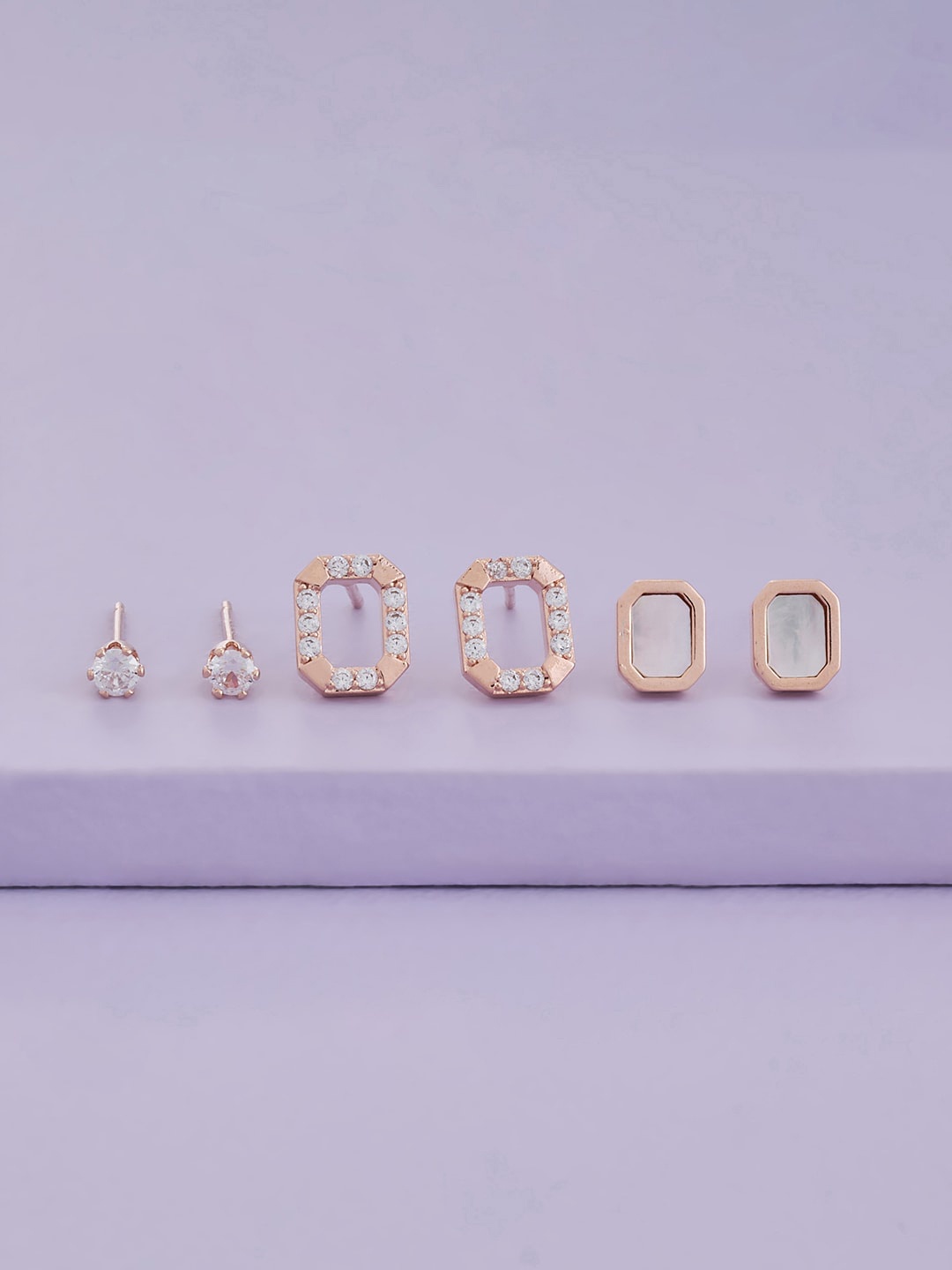 

Kushal's Fashion Jewellery Set Of 3 Rose-Gold Plated Contemporary Studs, White