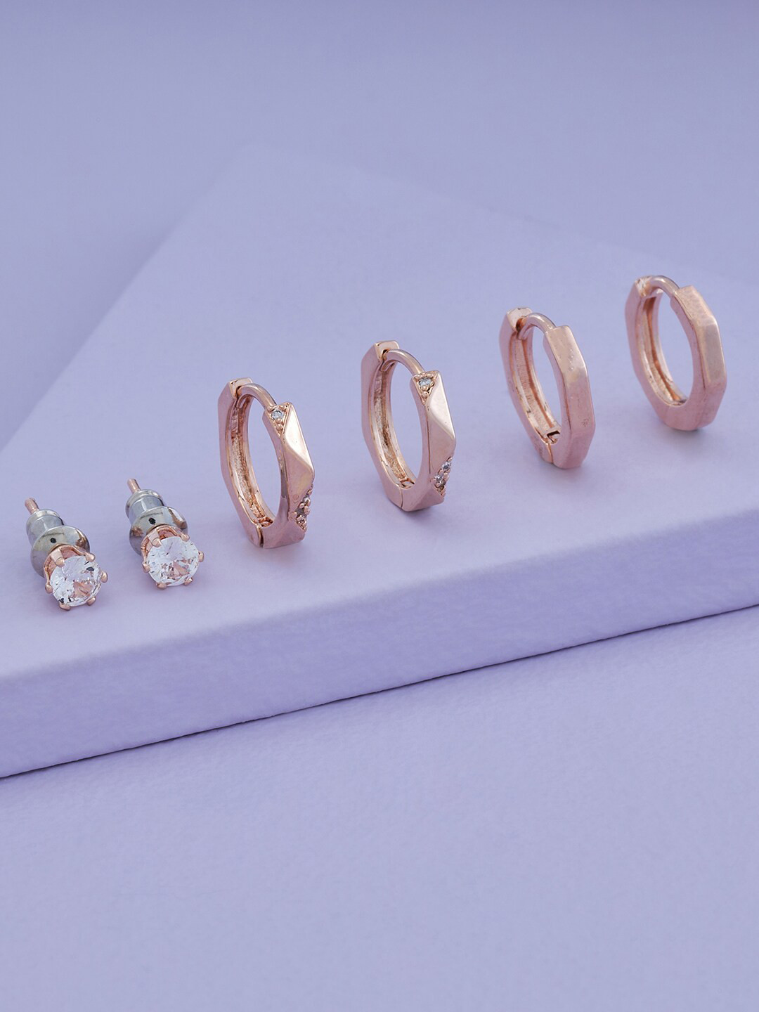 

Kushal's Fashion Jewellery Set Of 3 Rose Gold-Plated Circular Hoop Earrings, White