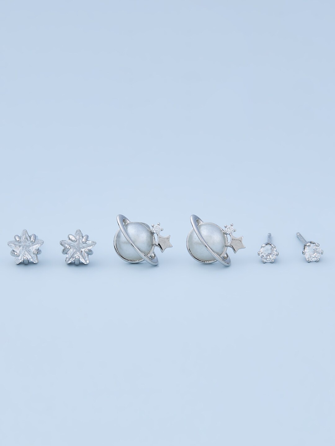

Kushal's Fashion Jewellery Pack Of 3 Rhodium Plated CZ Studded Contemporary Studs Earrings, White