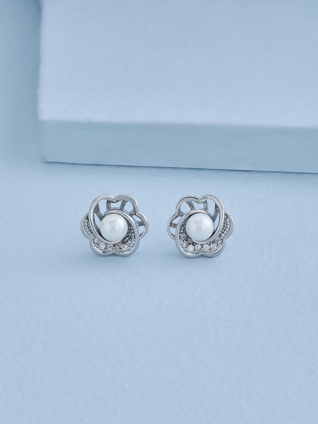 

Kushal's Fashion Jewellery Rhodium-Plated Cubic Zirconia Studded Studs Earrings, Silver