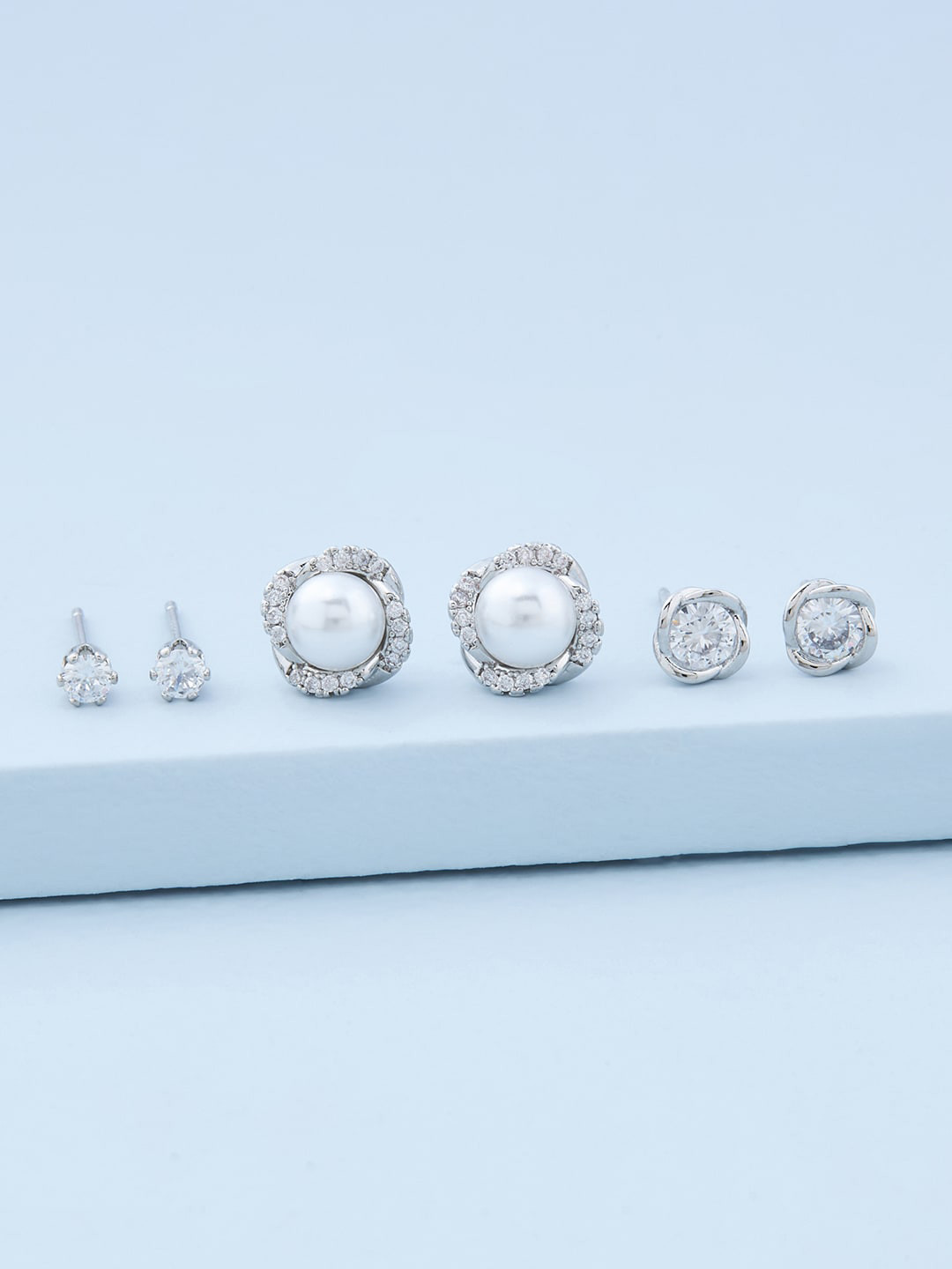 

Kushal's Fashion Jewellery Set Of 3 Rhodium Plated CZ Studded Contemporary Studs Earrings, White