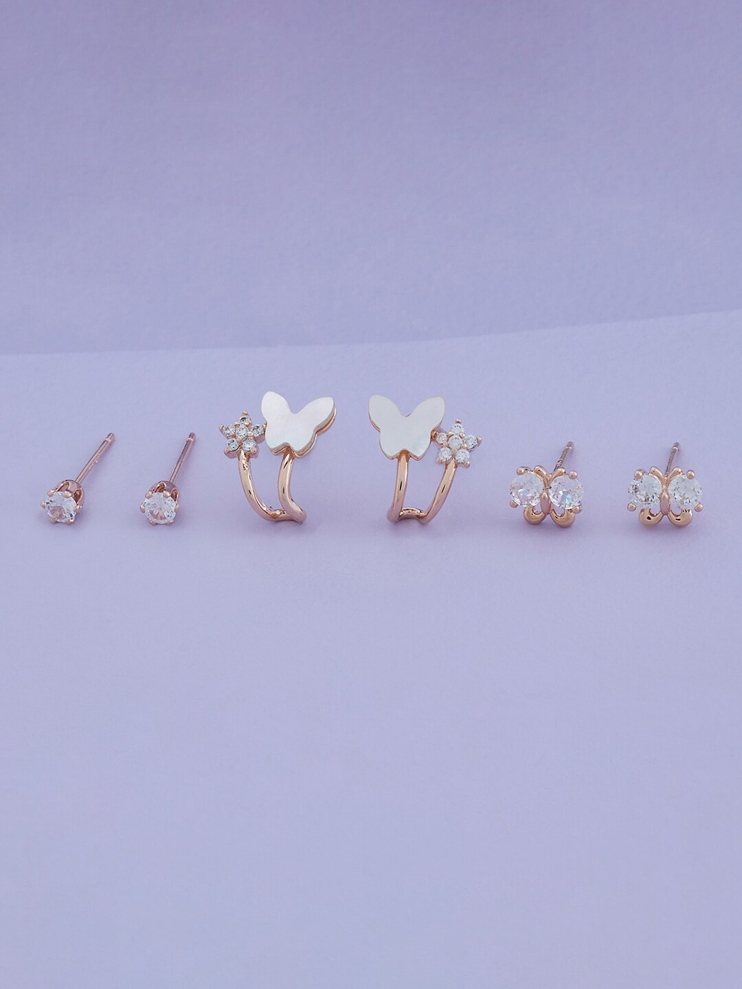 

Kushal's Fashion Jewellery Set Of 3 Rose Gold-Plated Cubic Zirconia Studded Studs Earrings