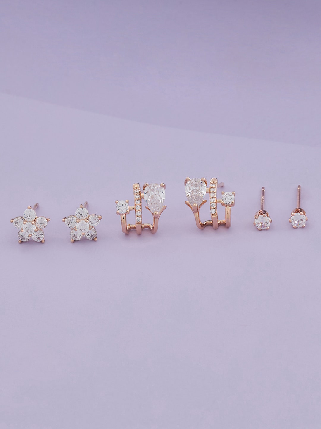 

Kushal's Fashion Jewellery Set Of 3 Rose-Gold Plated Studs Earrings, White