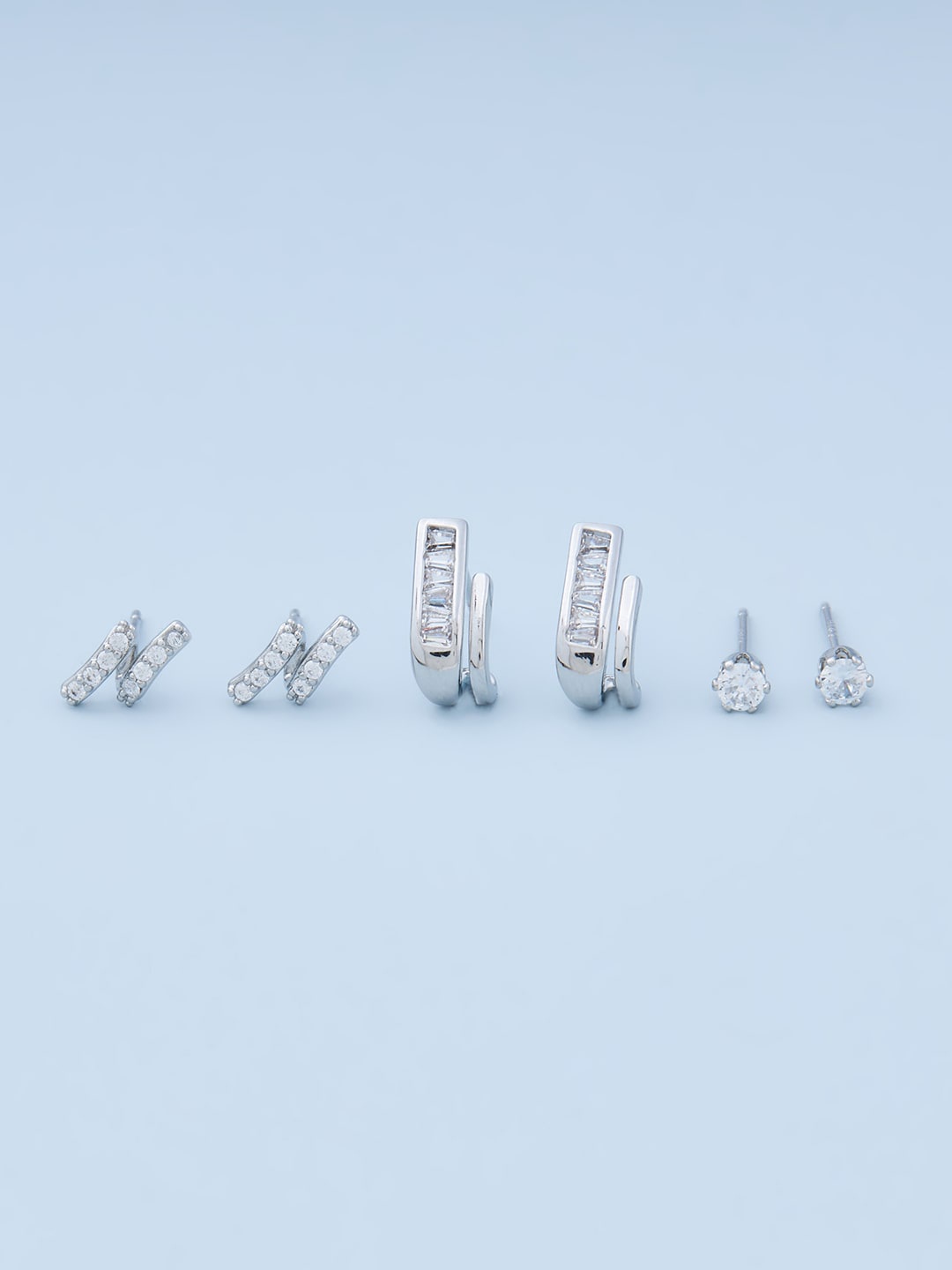 

Kushal's Fashion Jewellery Set Of 3 Rhodium Plated Contemporary Studs Earrings, Silver