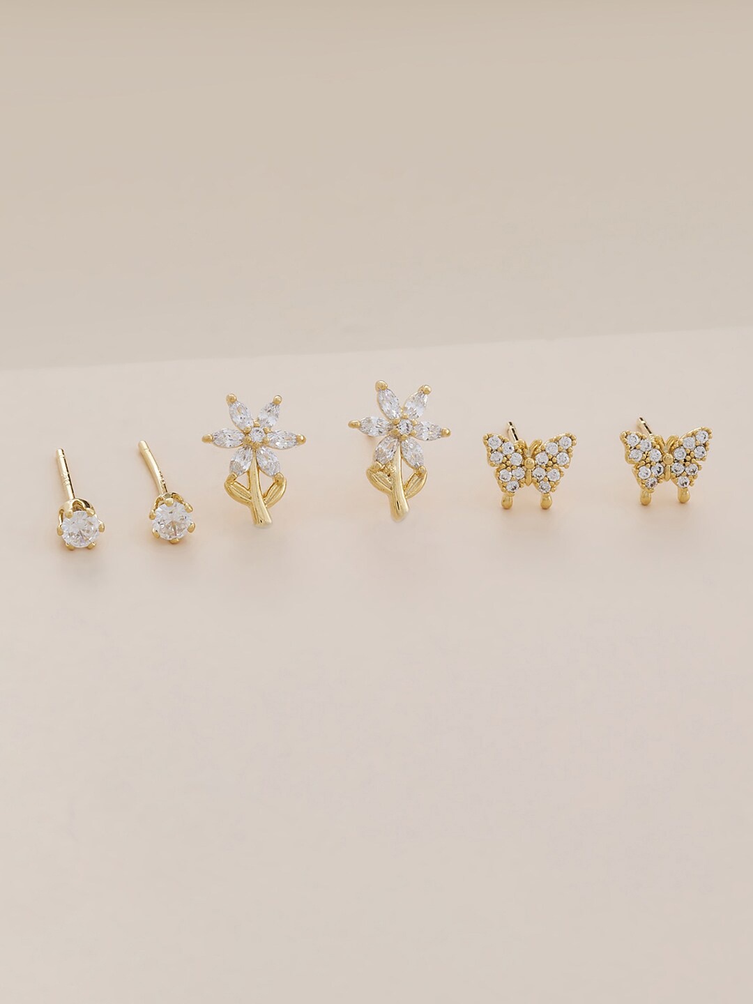 

Kushal's Fashion Jewellery Set of 3 Gold-Plated Cubic Zirconia Studs Earrings, White