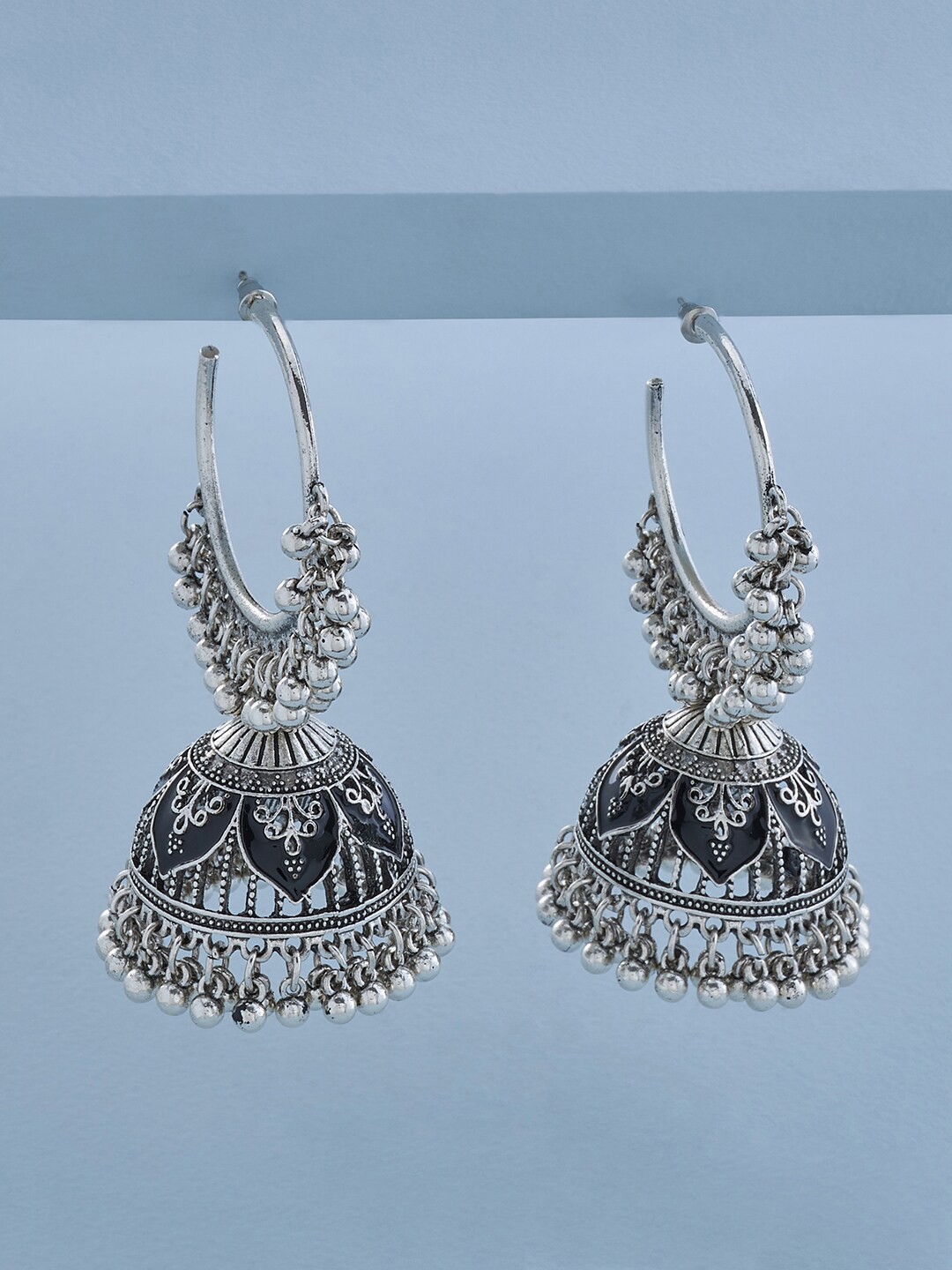 

Kushal's Fashion Jewellery Rhodium Plated Contemporary Jhumkas, Black