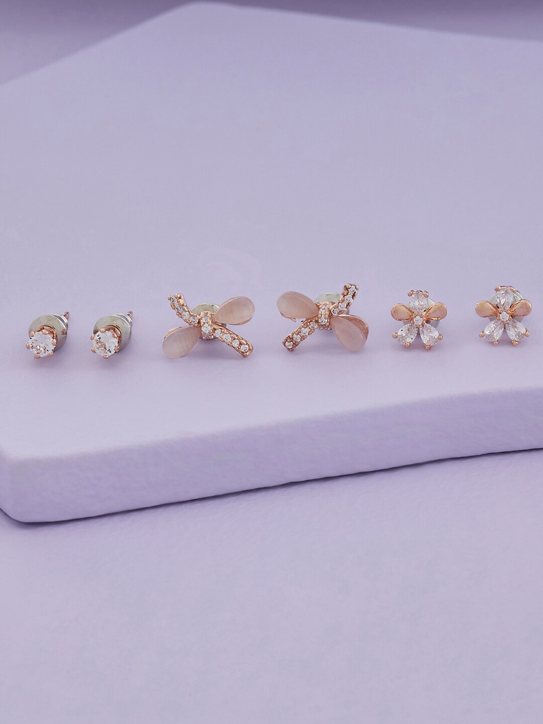 

Kushal's Fashion Jewellery Set Of 3 Rose-Gold Plated Contemporary Studs Earrings