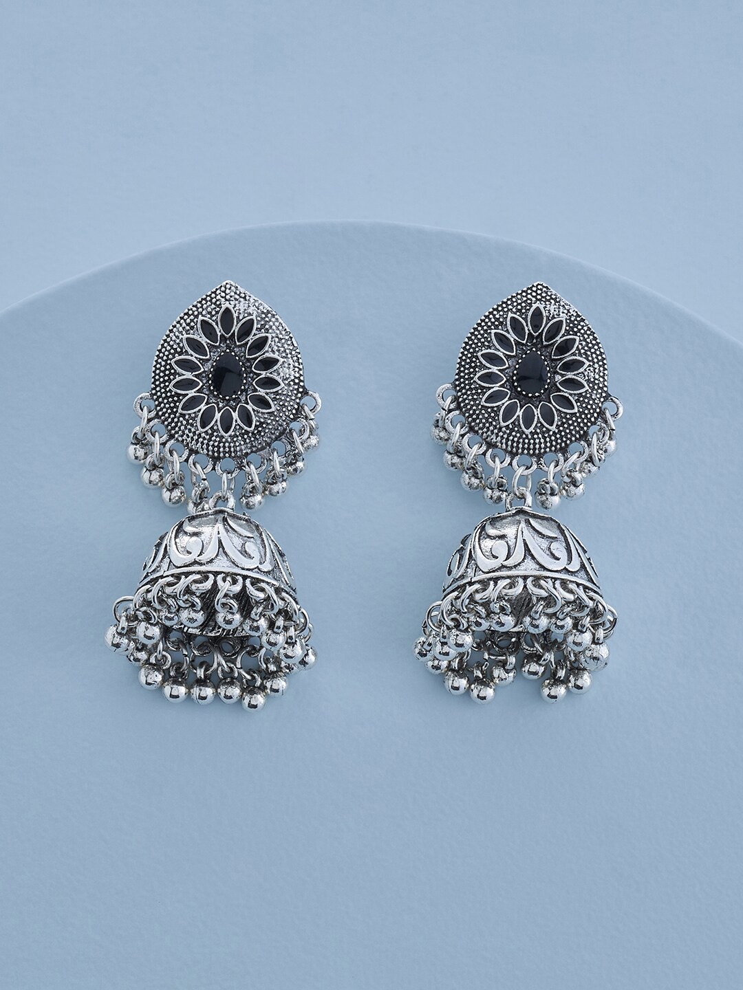 

Kushal's Fashion Jewellery Rhodium-Plated Stone Studded Oxidised Dome Shaped Jhumkas, Silver