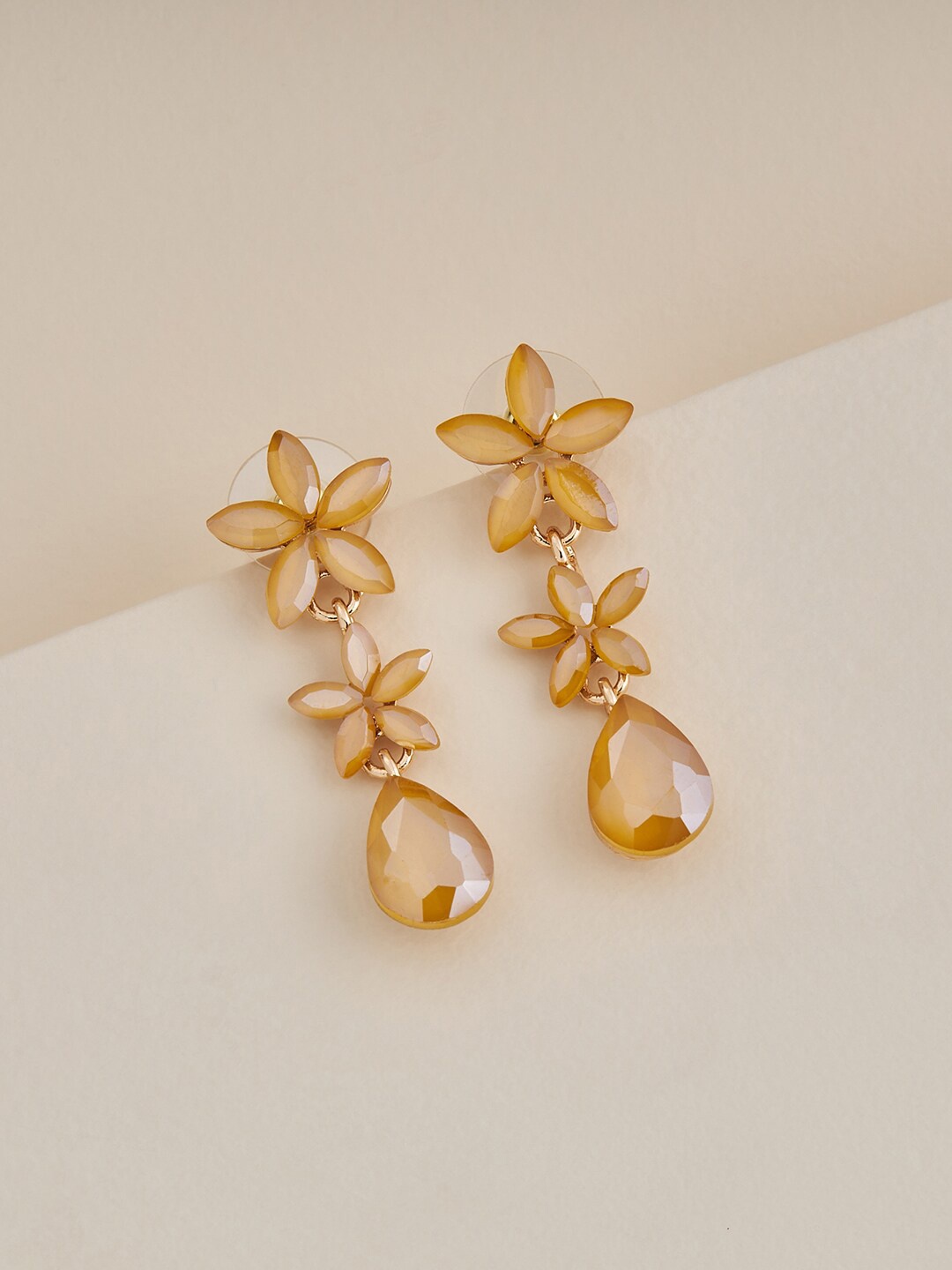 

Kushal's Fashion Jewellery Gold-Plated Stone-Studded Floral Drop Earrings, Yellow