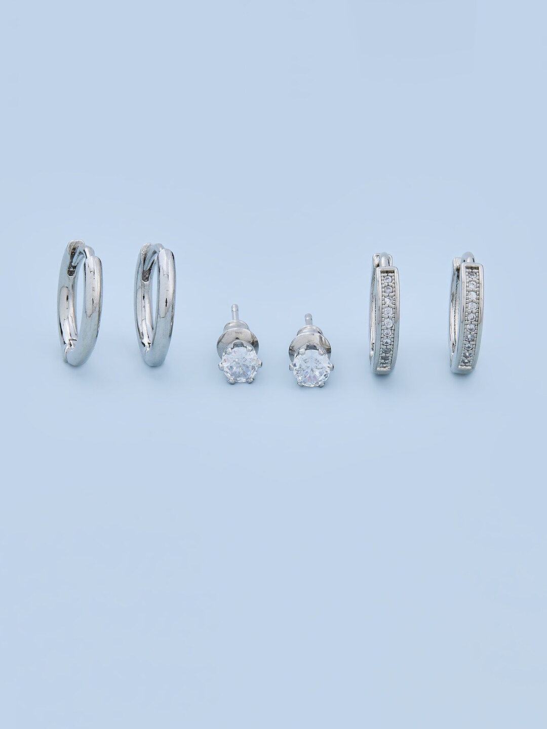 

Kushal's Fashion Jewellery Set Of 3 Rhodium-Plated Cubic Zirconia Studded Hoop Earrings, Silver