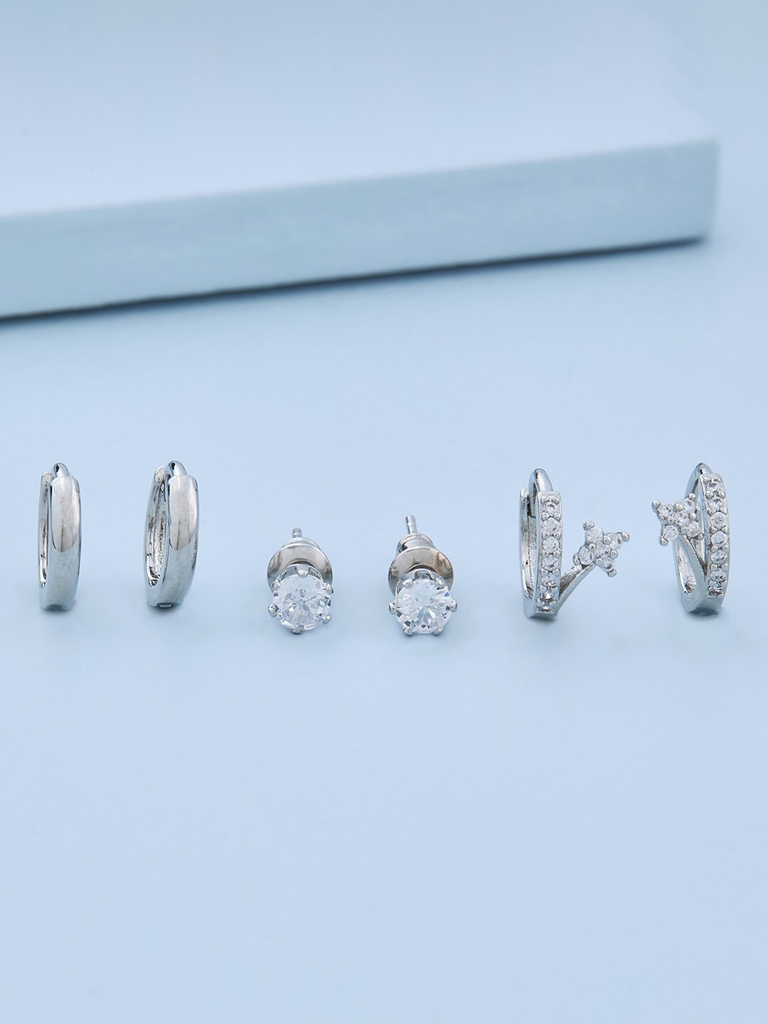 

Kushal's Fashion Jewellery Set Of 3 Rhodium Plated Contemporary Studs, White