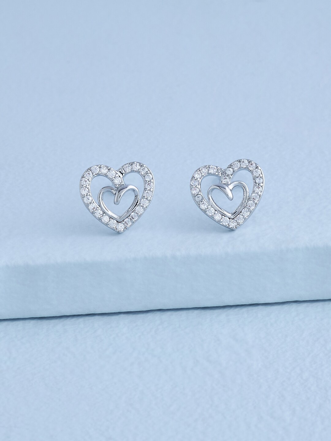 

Kushal's Fashion Jewellery Rhodium Plated Heart Shaped CZ Studs Earrings, White