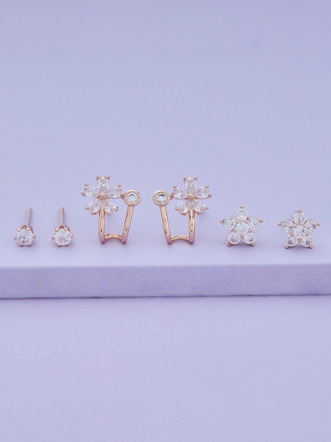 

Kushal's Fashion Jewellery Set Of 3 Rose Gold-Plated Cubic Zirconia Studded Studs Earrings, White