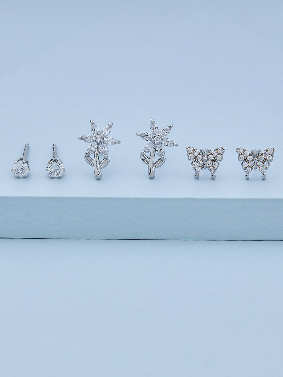 

Kushal's Fashion Jewellery Set Of 3 Rhodium Plated Contemporary Studs, White