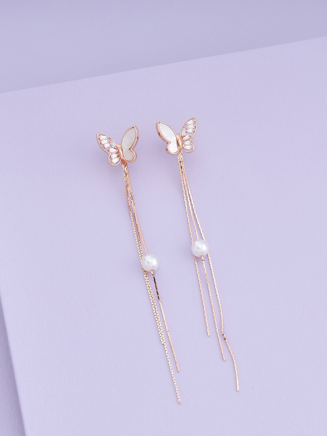 

Kushal's Fashion Jewellery Rose Gold Plated CZ Studded Contemporary Drop Earrings, White