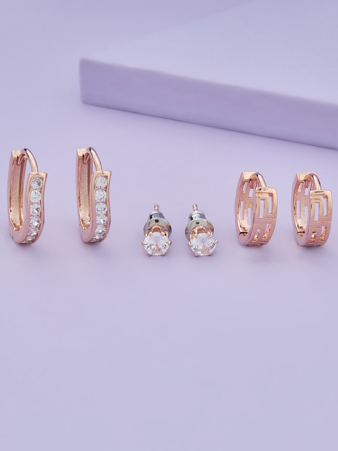 

Kushal's Fashion Jewellery Pack Of 3 Rose-Gold Plated CZ Contemporary Hoop Studs, White